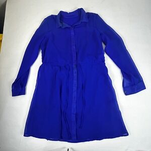 Shein Royal Blue Button Down Long Sleeve‎ Shirt Dress Tie Waist Sheer